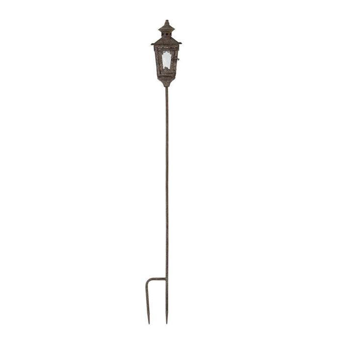 Antique style metal square lantern on a tall garden stake with a dual-prong base for secure grounding