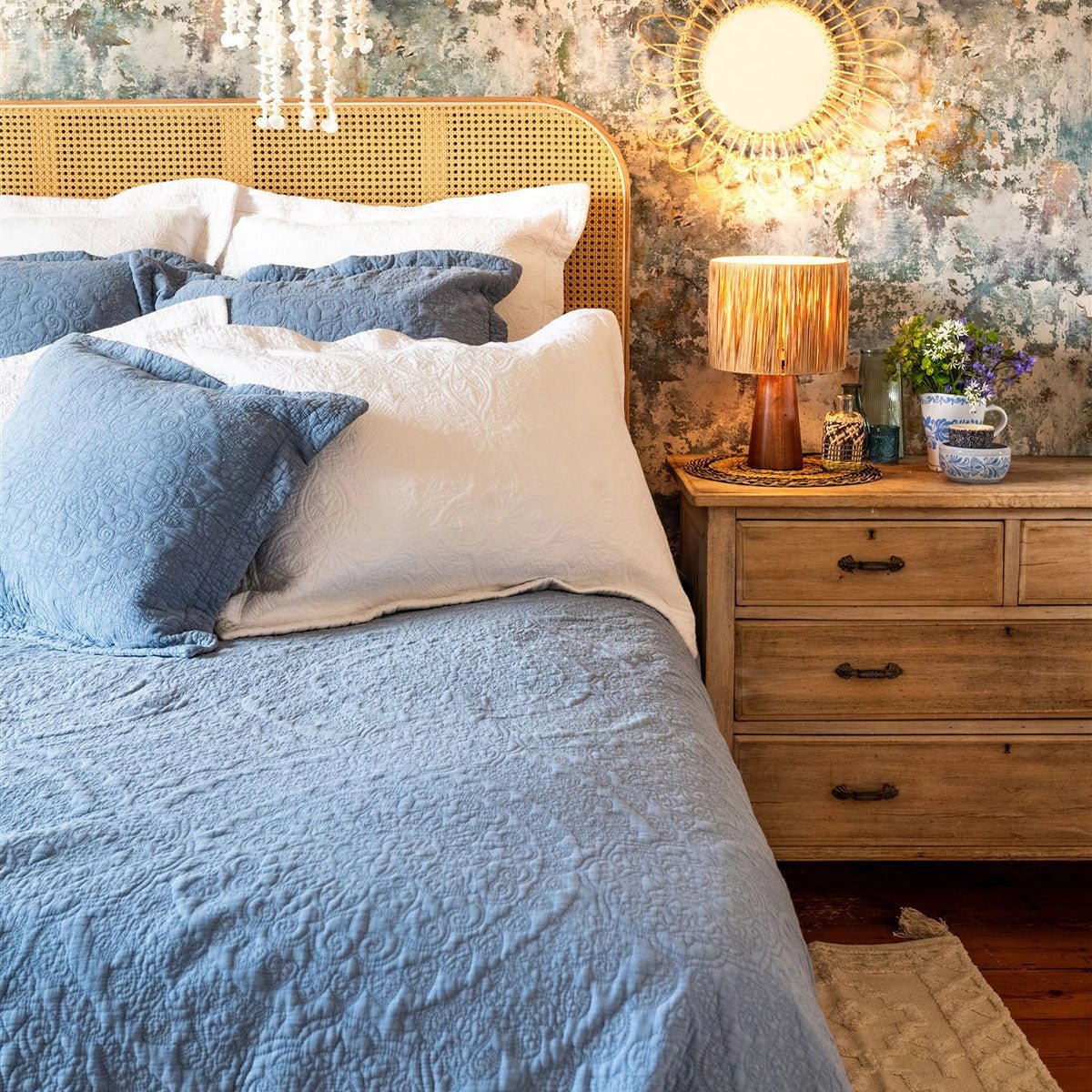 Stonewash Cotton Bedspread, Cornflower Blue Single 190 x 260 cm,One Size 250 x 260 cm - to fit Double or King Size bed,Superking 305 x 280 cm