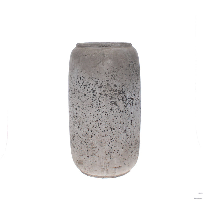 Tall slender vase with a grey distressed stone-effect finish and speckled texture