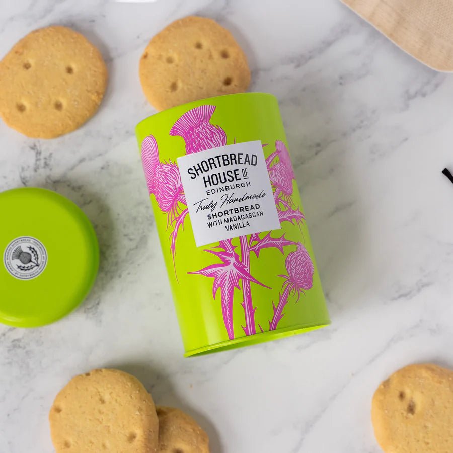 Tin of Truly Handmade Shortbread Biscuits, 140g Clotted Cream,Spanish Clementine,Madagascan Vanilla,White Chocolate & Hazelnut,Salted Caramel