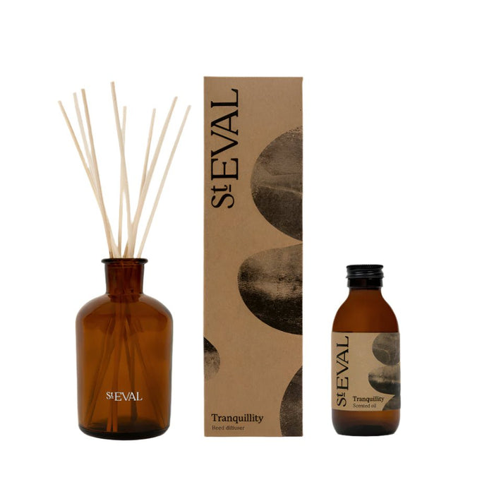 Tranquility reed diffuser set including amber glass bottle, ten natural reeds, and fragrance oil refill