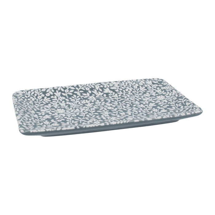Rectangular grey and white floral trinket dish showing the intricate leaf and flower pattern.