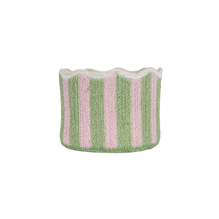Tulip Basket Kiwi with pink and jade green stripes and a cream scalloped top edge