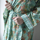 Turquoise, Pink & Olive Block Floral Print Dressing Gown