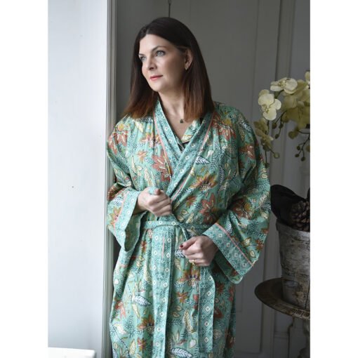 Turquoise, Pink & Olive Block Floral Print Dressing Gown
