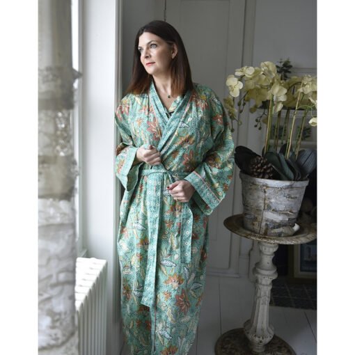 Turquoise, Pink & Olive Block Floral Print Dressing Gown