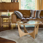 Lifestyle view of the G Plan Larsen coffee table styled on a rug in a modern living room