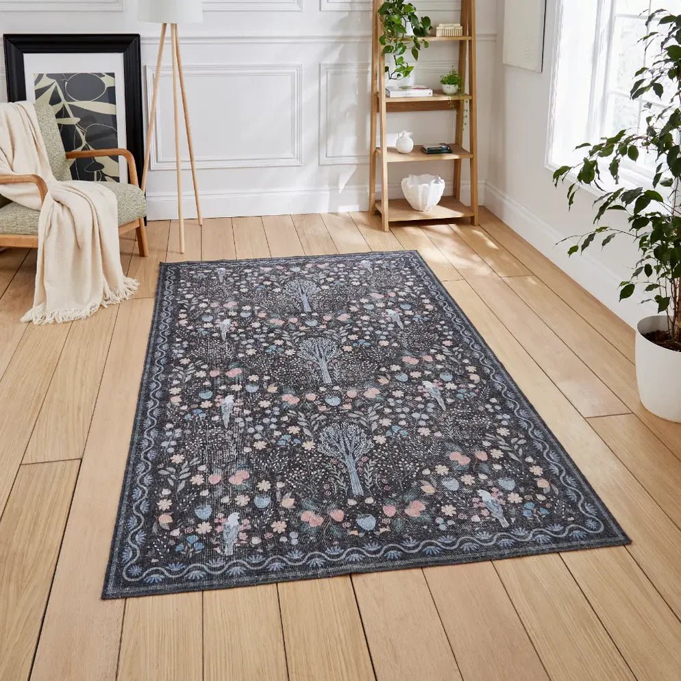 Versailles Washable Rug, Black/Blue 61 x 230cm runner,122 x 170cm,152 x 230cm,180 x 270cm