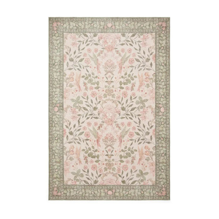 Overhead view of the Versailles rug showing the full rectangular floral pattern in beige and green.