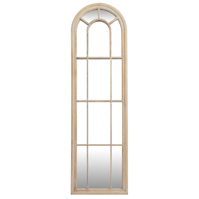 Full view of the Washed Wood Tall Arched Window Mirror featuring a weathered timber frame and multiple glass panes.