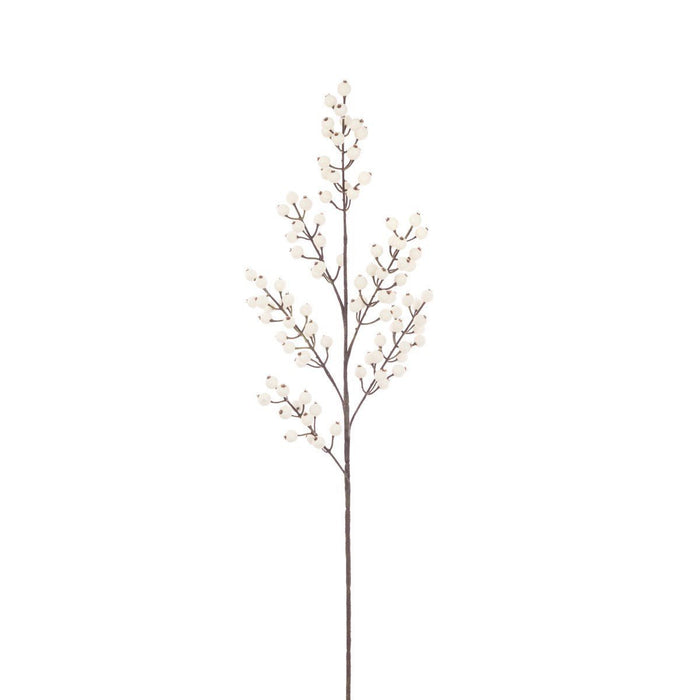 Single Winter Berry Spray with white berries and brown wired stem against a plain background