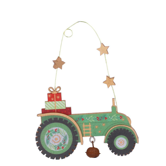 Green wooden tractor hanging decoration with stacked gifts and star accents
