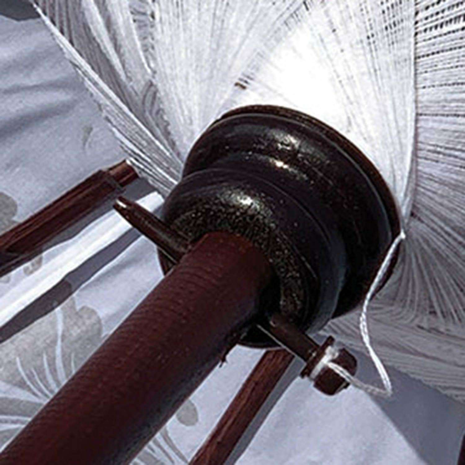 Close-up of the internal wooden mechanism and parasol spokes underneath the white fabric canopy.