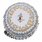 Top-down view of the cloud white parasol canopy showing intricate hand-painted gold scrollwork patterns.