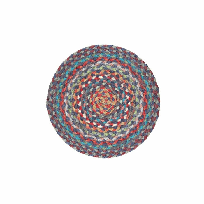 A round, braided jute coaster featuring a concentric multi-coloured pattern in shades of blue, red, and yellow.