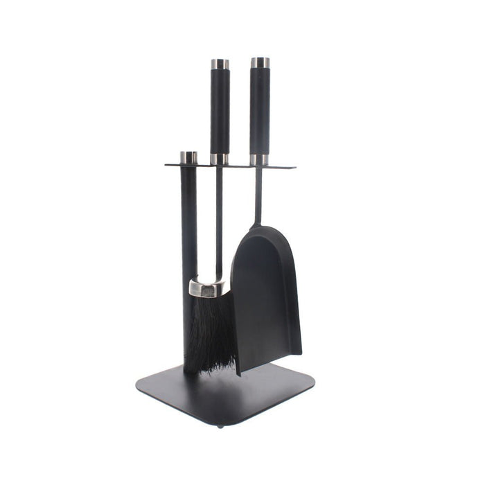 Compact metal fireside companion set with shovel and brush on a black square stand