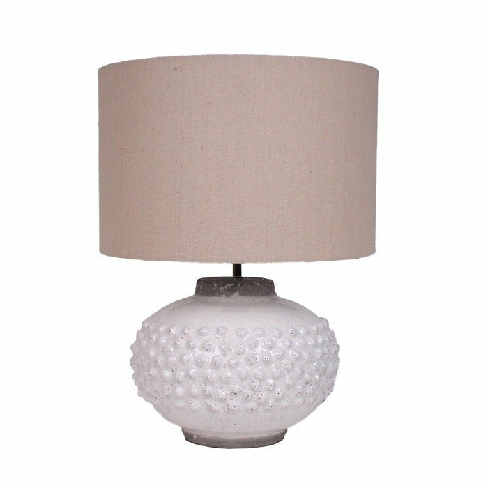 Crackle Glaze Bobble Lamp with a white textured base and taupe drum shade