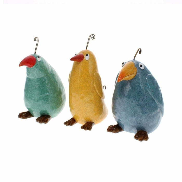 Trio of crazy pottery birds in green, yellow and blue with metal feather accents