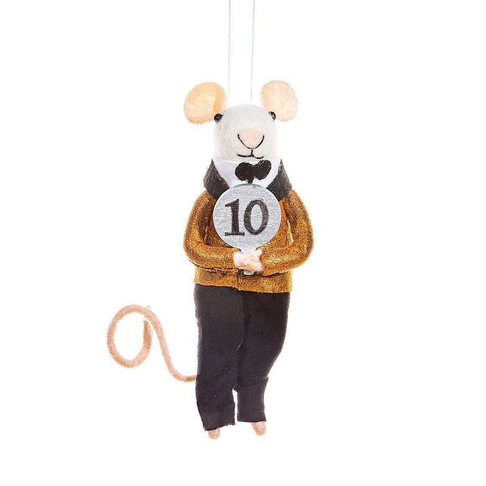 Felt dancing judge mouse decoration with gold glitter jacket holding a number 10 score paddle on a white background