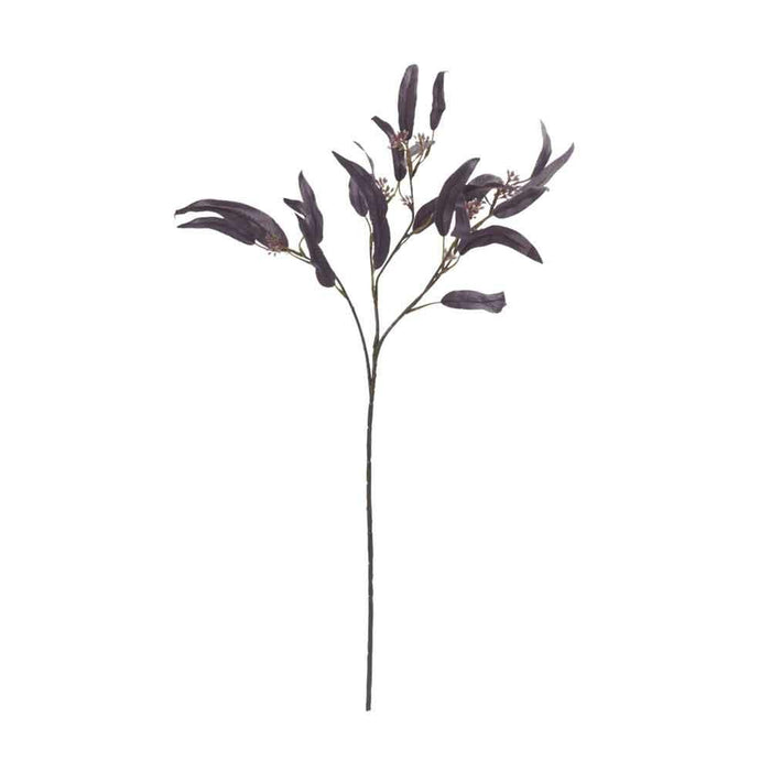 Full length Eucalyptus Nicolii Plum artificial stem with deep purple leaves against a white background