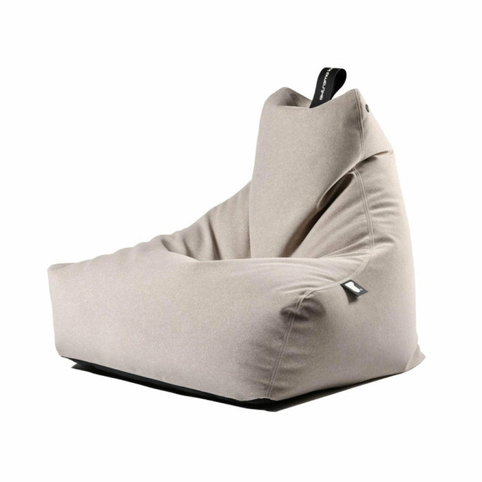 Light stone coloured faux suede bean bag with a supportive back and black carry handle.