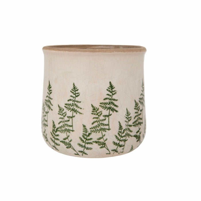 Large cream ceramic planter with green hand-painted fern pattern and crackle-glaze finish on a white background.