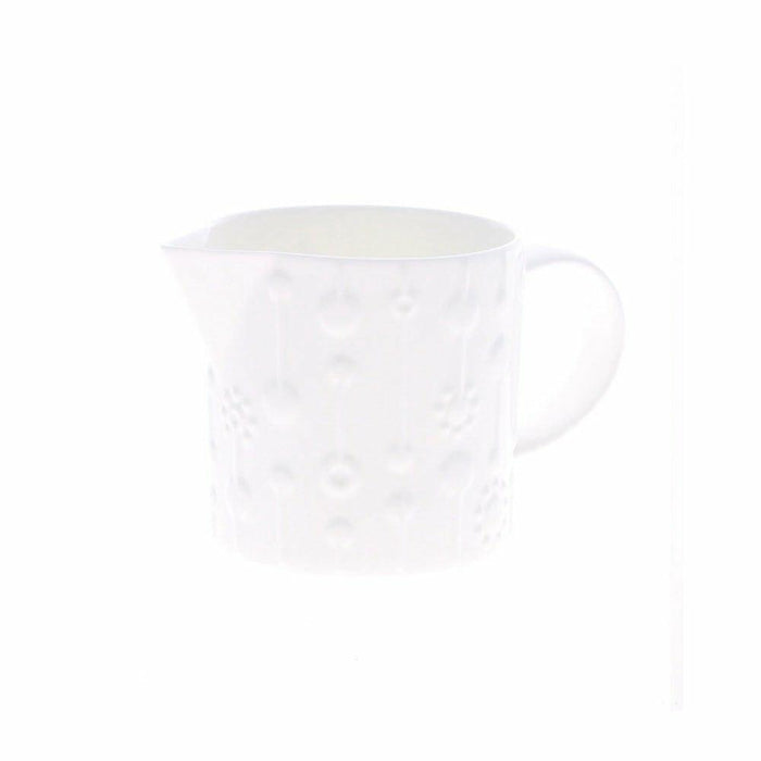 Medium white bone china jug with an embossed fizz pattern against a plain white background.