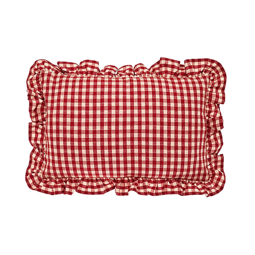 Rectangular red and white gingham linen cushion with ruffled edges