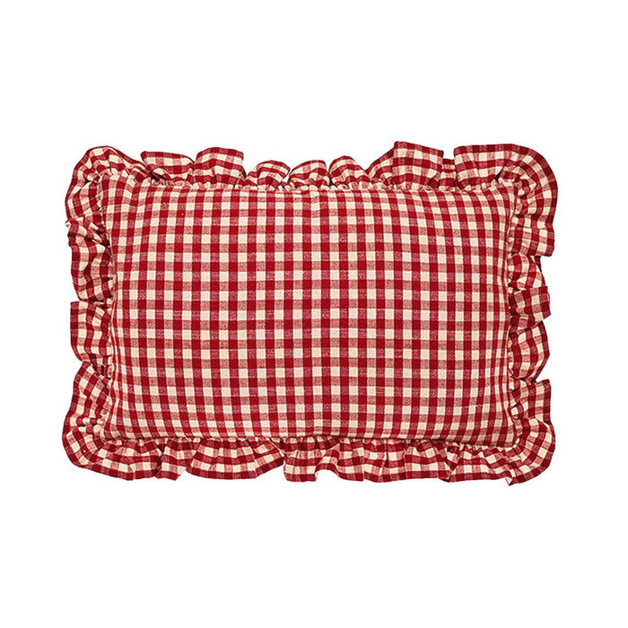 Rectangular red and white gingham linen cushion with ruffled edges