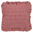 Square red and white gingham linen cushion with a ruffled and frayed border.