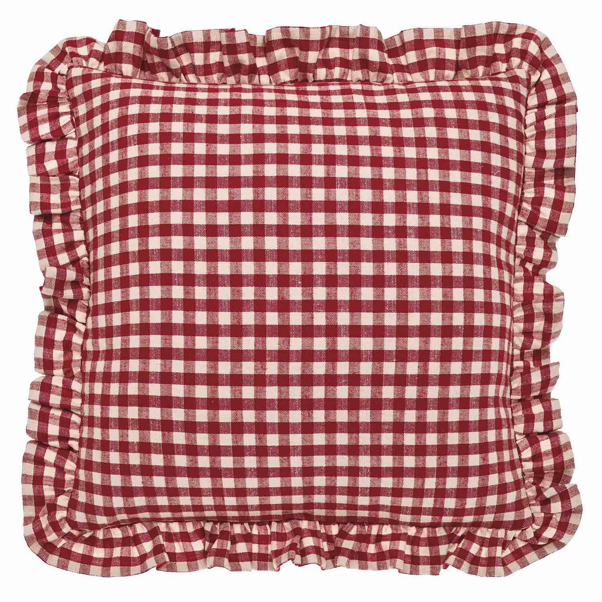 Square red and white gingham linen cushion with a ruffled and frayed border.