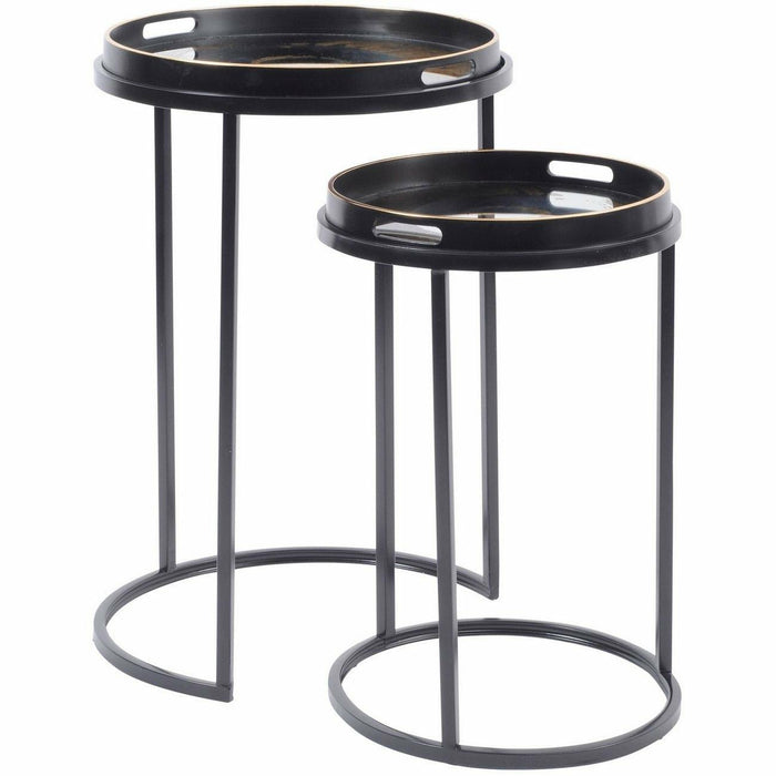 Two nesting side tables with black iron frames and tray tops showing gold swirl motifs