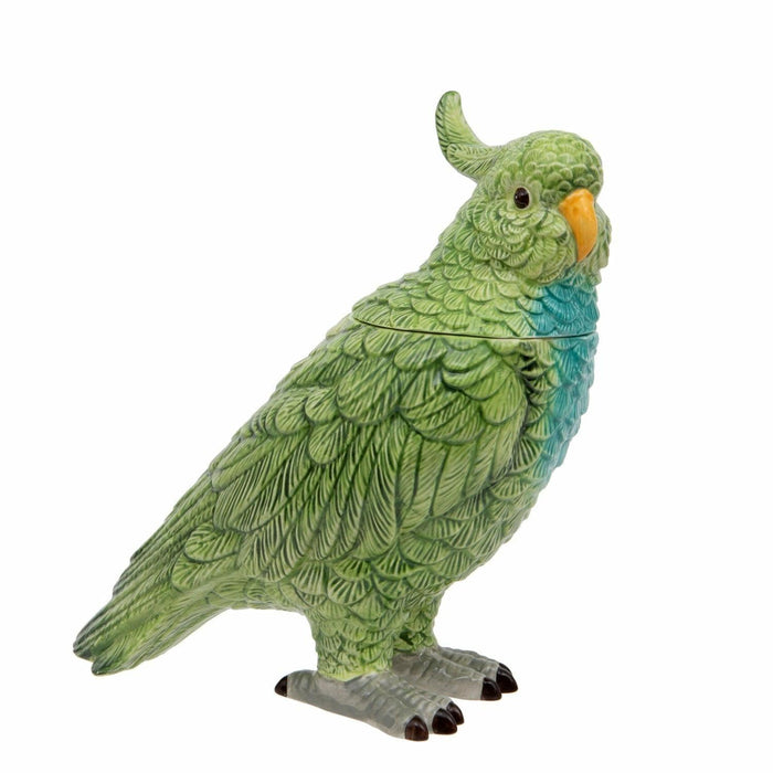 Green ceramic parrot jar with a turned head and detailed feather texture standing against a white background.