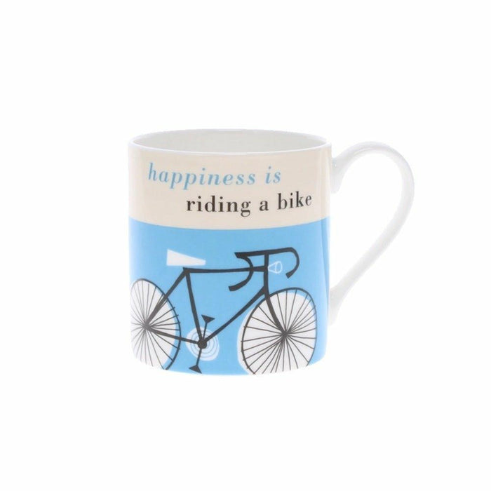 Fine bone china mug with 'Happiness is riding a bike' text and a bicycle illustration on a turquoise background.