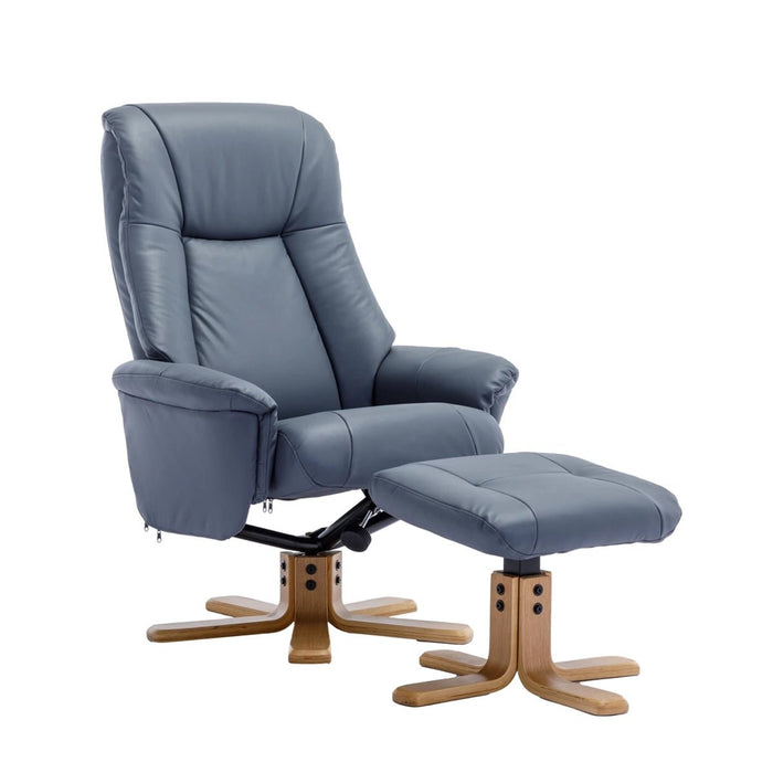 Grey faux-leather reclining swivel chair and matching footstool with light wood star base