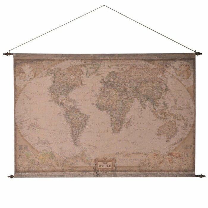 Large fabric world map wall hanging with vintage tones and string suspension