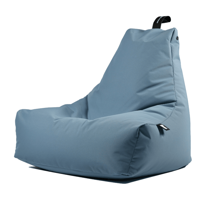 Light blue outdoor bean bag with black grab handle against a dark background