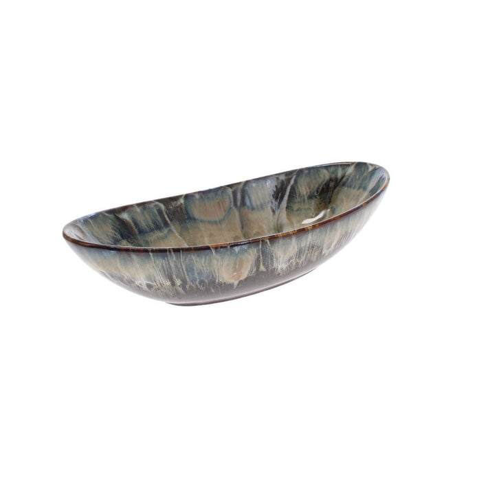 Oval ceramic Ocean Glazed Bowl with a wave-like blue and sandy beige glazed interior.
