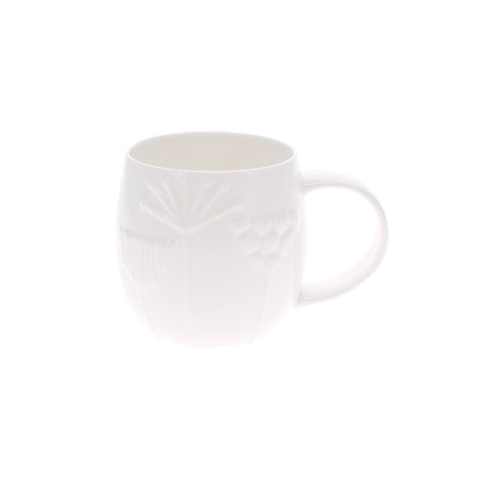 White fine bone china Plum Mug in Meadow featuring a subtle embossed floral design against a white background.