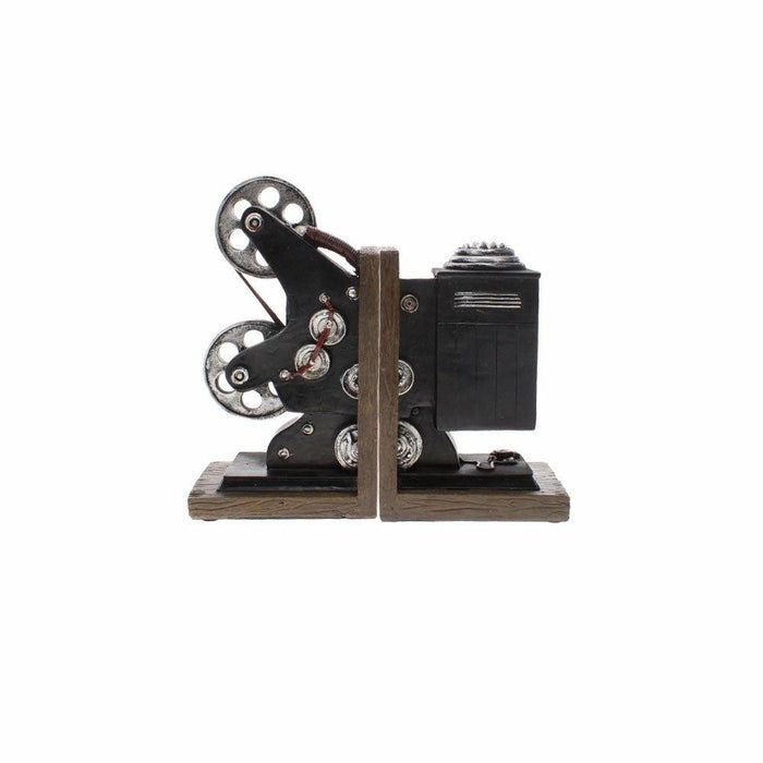 A pair of vintage-style film projector bookends in black and silver resin, shown side-by-side.