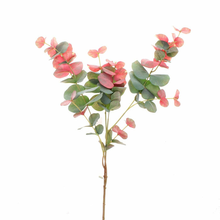 Artificial eucalyptus spray with red and green rounded leaves on a single brown stem
