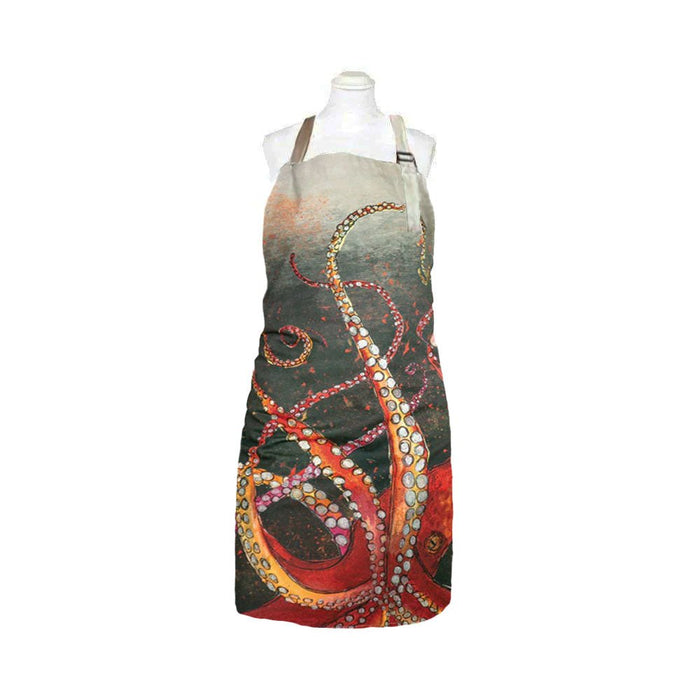 Red Octopus Apron with detailed orange and red tentacle illustration on a grey and white cotton base, shown on a mannequin.
