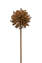 Full view of the large rusty dahlia garden sculpture on a tall metal stake against a white background