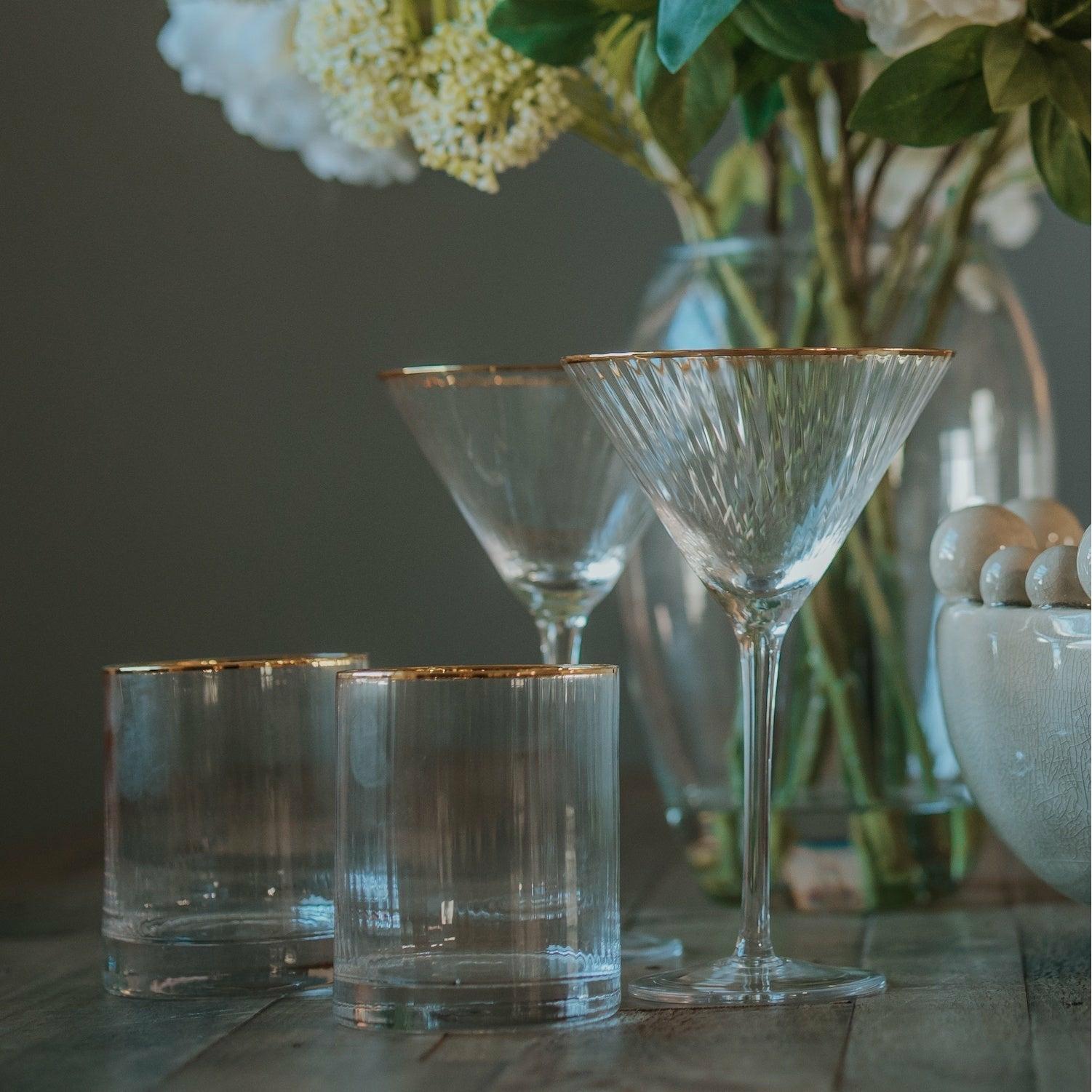 Set of 4 Ribbed Gold Rim Martini Glasses