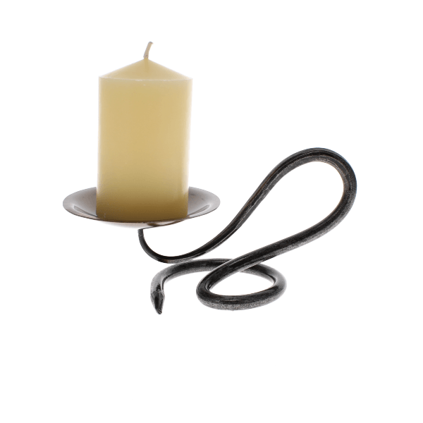 Handforged solid steel round candlestick with a lit cream pillar candle