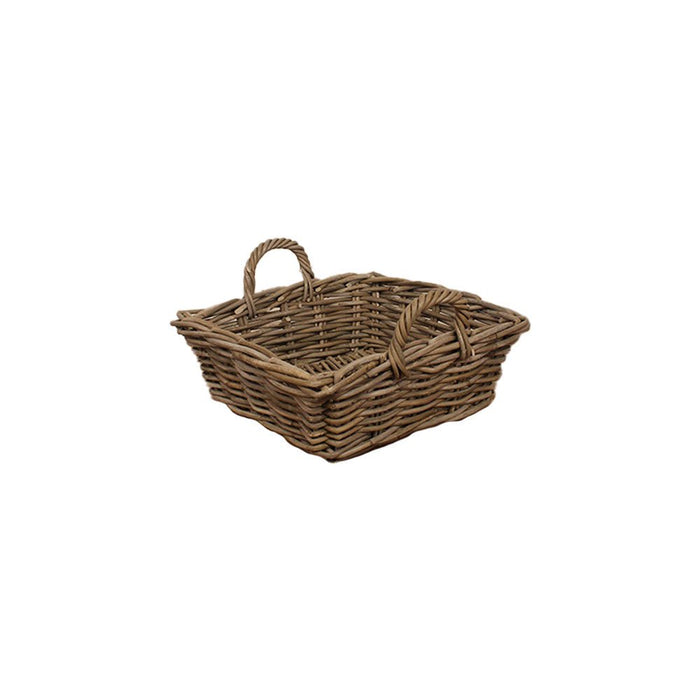 Small square woven rattan storage basket with two handles viewed from an angle