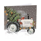 Special Delivery Christmas card featuring a tractor carrying a large tree in the snow with gold foil details.