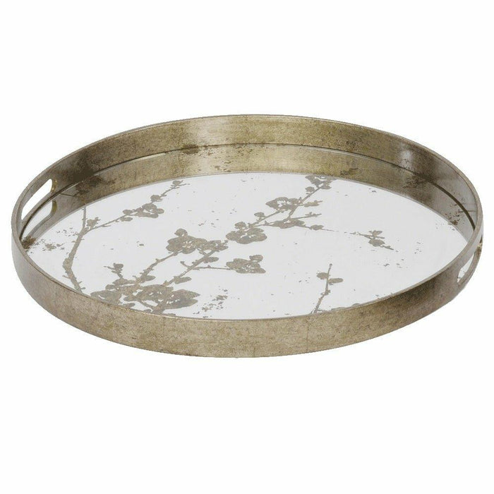 Vienna Large Antique Gold Blossom Tray showing the round metal frame and floral mirrored base