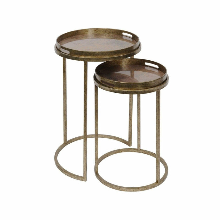 Vienna Gold Atlas nested side tables with antique gold metal frames and round tray tops on a white background.