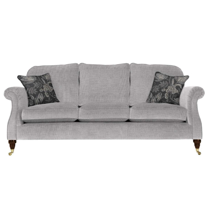 Three-seater grey fabric Westbury Grand Sofa with scroll arms and dark wood castor feet on a white background.